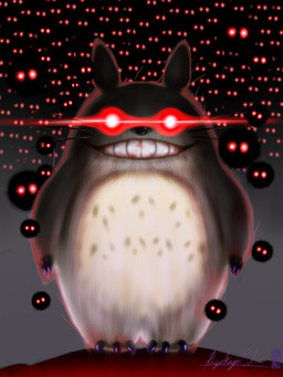 3_toes black_body black_nose blood blood_in_mouth bodily_fluids claws creepy featureless_crotch feet flying fur glowing glowing_eyes gradient gradient_background grey_body grey_fur group looking_at_viewer makkurokurosuke nightmare_fuel nude red_eyes simple_background smile solo_focus standing teeth toes toony whiskers white_body white_fur kiyokazu ghibli my_neighbor_totoro totoro 3:4 signature