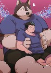 anthro bottomwear clothing duo heart_symbol hug hugging_another hugging_from_behind kemono male male/male shirt shorts sitting size_difference slightly_chubby topwear arufina_w canid canine canis domestic_dog human mammal 2024 absurd_res hi_res