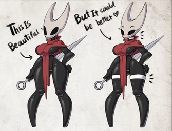 4_fingers anthro black_body blush blush_lines breasts choker cloak clothing eyebrows eyelashes female fingers holding_object holding_weapon hornet's_needle jewelry long_eyelashes necklace non-mammal_breasts red_cloak red_clothing solo text thighlet weapon azura_inalis hollow_knight_(franchise) team_cherry hornet_(hollow_knight) arthropod 2025 english_text