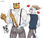 anthro blush butt duo fur heart_symbol horn male male/male muscular muscular_male suspenders tail tail_pull wool_(fur) kadikadisake beastars bill_(beastars) pina_(beastars) bengal_tiger bovid caprine dall_sheep felid mammal pantherine sheep tiger hi_res