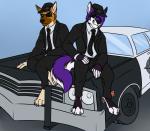 anthro barefoot car claws clothed clothing duo eyewear fedora feet fur hair hat headgear headwear looking_at_viewer male motor_vehicle on_hood outside paws police police_car police_vehicle purple_body purple_fur purple_hair simple_background smile suit sunglasses toe_claws vehicle white_body white_fur amocin the_blues_brothers sheppy_(roblf) shyloc canid canine canis domestic_dog fox german_shepherd herding_dog husky hybrid mammal nordic_sled_dog pastoral_dog spitz wolf 2016 digital_media_(artwork)