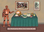 2021 aliasing ambiguous_gender cranberry_sauce ctdsnark digital_media_(artwork) english_text feast floor food framed_picture furniture holidays humanoid knife machine mashed_potatoes meat portrait_(object) robot robot_humanoid solo standing table text thanksgiving turkey_meat