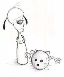 5_fingers ambiguous_gender anthro anthrofied ball bowling_ball bowling_pin cat_eared_creature claws collar duo fingers long_ears spiked_collar spikes thin_ears shasa animate_inanimate canid canine canis domestic_cat domestic_dog felid feline felis living_bowling_pin mammal 1998 black_and_white monochrome sketch