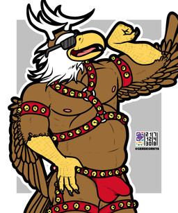 5_fingers anthro antlers beak bell bell_harness biceps biped bottomwear brown_body brown_feathers bulge claws clothed clothing eyewear fake_antlers fake_horns feathered_wings feathers finger_claws fingers front_view grey_background grey_claws hand_on_hip harness holidays horn jingle_bell jingle_bell_harness male multicolored_body multicolored_feathers muscular muscular_anthro muscular_male nipples open_beak open_mouth open_smile pecs pink_nipples pink_tongue pose scuted_arms scutes simple_background skimpy smile solo sunglasses tail tail_feathers thick_thighs tongue topless two_tone_body two_tone_feathers white_body white_feathers winged_arms wings yellow_beak yellow_body yellow_skin cerdeorhys christmas accipitrid accipitriform avian bald_eagle bird eagle sea_eagle 2021 5:6 dated digital_media_(artwork) flat_colors hi_res pinup signature