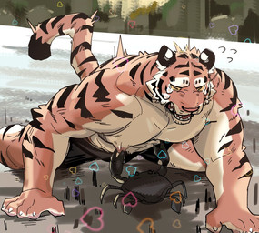 abstract_background anthro bestiality black_body black_bottomwear black_clothing black_shorts bodily_fluids bottomwear clothed clothing countershading crab_claw crying duo feral fur hands_on_ground heart_symbol ice male markings muscular muscular_anthro nipple_fetish nipple_pinch nipple_play nipples orange_body orange_fur outside pinch pink_nose plant shorts snow striped_body striped_fur striped_markings striped_tail stripes tail tail_markings tears teeth topless topless_male tree wince yellow_eyes fuguri arthropod crab crustacean decapod felid malacostracan mammal pantherine tiger 2026 digital_drawing_(artwork) digital_media_(artwork) shaded