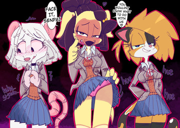 anthro bottomwear breasts calico_pattern clothed clothing female female_anthro flashing fur furgonomics gesture group hand_gesture heart_after_text heart_symbol index_to_index legwear looking_at_viewer mottled nervous panties piebald school_uniform skirt tail tail_through_skirt tan_body tan_fur teasing text text_with_heart thigh_highs underwear uniform white_body white_fur canaryprimary doki_doki_literature_club! team_salvato cendy_(canaryprimary) lily_(canaryprimary) robyn_(canaryprimary) calico_cat canid canine canis domestic_cat domestic_dog felid feline felis mammal mouse murid murine rodent 2021 english_text hi_res