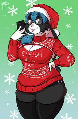 anthro big_breasts black_body black_clothing black_ears black_eyewear black_fur black_legwear blue_clothing blue_hair blue_underwear blush breasts cellphone christmas_clothing christmas_headwear cleavage clothed clothing curvy_figure electronics eyewear female fur glasses gradient_background hair hat headgear headwear holding_cellphone holding_object holding_phone holidays legwear multicolored_body multicolored_clothing multicolored_fur multicolored_hat multicolored_headwear phone pink_nose pink_tongue purple_eyes red_clothing red_hat red_headwear red_sweater red_topwear santa_hat simple_background solo sweater text text_on_clothing text_on_sweater text_on_topwear tongue tongue_out topwear two_tone_body two_tone_clothing two_tone_fur two_tone_hat two_tone_headwear underwear voluptuous white_body white_clothing white_fur white_hat white_headwear wide_hips year jwinkz christmas crystal_(jwinkz) domestic_rabbit lagomorph leporid lop_rabbit mammal oryctolagus rabbit 2018 absurd_res english_text hi_res portrait signature three-quarter_portrait