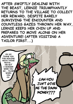 ambiguous_gender anthro blush bodily_fluids clothing dialogue duo female horn speech_bubble sweat tail text torn_clothing brradett lernie_(brradett) scalie comic english_text hi_res