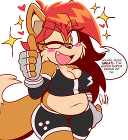 anthro blush blush_stickers breasts cleavage clothed clothing female gesture hand_gesture slightly_chubby solo thumbs_up yellow_eyes darkwolfhybrid sega sonic_the_hedgehog_(series) fan_character melina_fox canid canine fox mammal hi_res