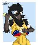 5th_of_july anthro arepa beak big_breasts bikini black_body black_feathers breasts claws clothing feathers female flag_bikini licking licking_lips non-mammal_breasts sauce scuted_arms scutes simple_background smile solo swimwear tongue tongue_out two-piece_swimsuit venezuela venezuela_flag_bikini venezuelan_flag yellow_body yellow_eyes reymonrr avian bird gruiform oriole_(bird) absurd_res hi_res