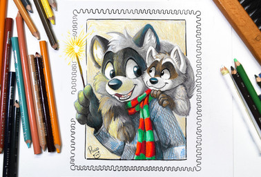 anthro bottomwear candle candlelight candlestick cheek_tuft clothed clothing dipstick_tail duo eyewear facial_tuft fully_clothed gloves_(marking) group happy head_tuft holidays light male male/male markings multicolored_tail pants scarf shirt simple_background smile tail tail_markings topwear tuft young pandapaco christmas art_(pandapaco) rocky_(pandapaco) mammal procyonid raccoon 2021 signature traditional_media_(artwork)