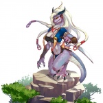 anthro bottomwear breasts claws cleavage clothed clothing ear_piercing female furgonomics gem grey_body grey_scales hair horn jewelry loincloth melee_weapon midriff necklace non-mammal_breasts pendant piercing plant red_eyes rock ruby_(gem) scales simple_background skimpy solo sword tail tree warrior weapon white_background white_body white_hair white_scales yellow_sclera lady-bug wakky mythology dragon mythological_creature mythological_scalie scalie 1:1