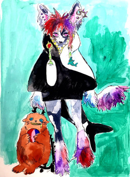 alternative_fashion anthro backpack ball clothed clothing ear_piercing ear_ring female fur hair holding_object hoodie jewelry looking_at_viewer multicolored_hair piercing plushie ring_piercing simple_background smile solo standing tail topwear white_body white_fur kyokyota canid canine fennec_fox fox mammal true_fox 2017 colorful_theme hi_res painting_(artwork) traditional_media_(artwork) watercolor_(artwork)