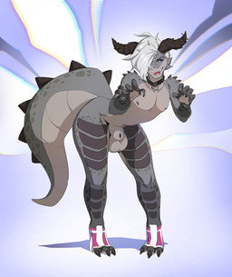 animal_genitalia anthro balls big_balls clothing collar eyebrow_piercing facial_piercing femboy footwear furgonomic_piercing furgonomics genitals horn horn_piercing leaning leaning_forward male nipples penis piercing rawr scales sheath solo tail toeless_footwear tongue tongue_piercing avocado_seed fallout microsoft gevaudan_(good4life4ever) deathclaw scalie hi_res