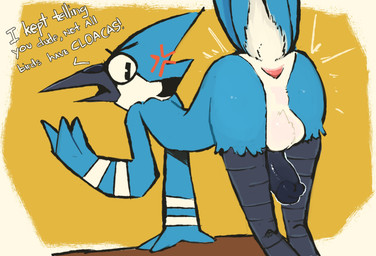annoyed anthro anus ass_up backsack balls beak black_beak black_legs black_penis blue_body blue_feathers butt cross-popping_vein dialogue exclamation_point feathers genitals humanoid_genitalia humanoid_penis male markings multicolored_body multicolored_feathers nude open_mouth penis pink_anus presenting presenting_hindquarters raised_tail simple_background solo tail tail_feathers text white_balls white_markings yellow_background notsafeforwanking cartoon_network regular_show mordecai_(regular_show) avian bird blue_jay corvid jay_(bird) new_world_jay oscine passerine absurd_res english_text hi_res shaded simple_shading
