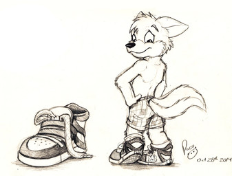 anthro bottomwear cheek_tuft clothed clothing ears_back facial_tuft footwear hand_on_hip head_tuft logo male male_anthro mouth_closed pivoted_ears rear_view shoes simple_background solo standing topless tuft young young_anthro young_male pandapaco crisp_the_wolf canid canine mammal 2014 artist_logo dated hi_res monochrome signature sketch