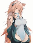 blush breasts camel_toe clothing female hair jacket leotard long_hair looking_at_viewer navel simple_background smile solo topwear white_background mikojin arknights hypergryph studio_montagne gravel_(arknights) animal_humanoid humanoid 2021 hi_res