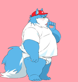 5_fingers anthro biped black_nose blue_body blue_fur blush briefs bulge clothing fingers fur hat headgear headwear humanoid_hands kemono male overweight overweight_male pink_background red_clothing red_hat red_headwear shirt simple_background solo standing tighty_whities topwear underwear white_body white_briefs white_clothing white_fur white_shirt white_topwear white_underwear inunoshippo canid canine canis domestic_dog mammal 2026