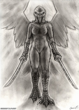 anthro avian_arms avian_feet beak breasts claws dual_wielding feathered_wings feathers featureless_breasts feet female genitals holding_object holding_weapon melee_weapon non-mammal_breasts nude nude_anthro nude_female scuted_arms scutes simple_background solo sword tail tail_feathers talons toes vulva weapon wings grrrwolf elenora_(bahumot) avian bird corvid corvus_(genus) oscine passerine raven