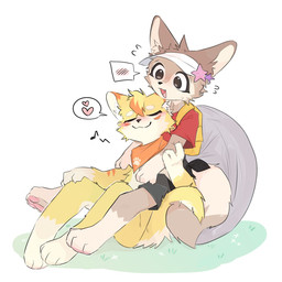 ambiguous_anthro ambiguous_gender anthro backpack biped blush bottomwear brown_body brown_fur closed_smile clothed clothed_ambiguous clothed_anthro clothing duo eyes_closed feet flustered fully_clothed fully_clothed_ambiguous fully_clothed_anthro fur fur_tuft gloves_(marking) grass head_tuft heart_reaction highlights_(coloring) hindpaw hug hugging_another hugging_from_behind inner_ear_fluff kerchief kerchief_only leg_markings looking_at_another markings mostly_nude mostly_nude_ambiguous mostly_nude_anthro mouth_closed multicolored_body multicolored_fur neckerchief neckerchief_only neckwear open_mouth open_smile orange_highlights paws plant plantigrade shirt shorts simple_background slim slim_ambiguous slim_anthro smile socks_(marking) three-quarter_view topwear tuft two_tone_body two_tone_fur visor white_background yellow_body yellow_fur vitame83 canid canine mammal 1:1 2025 digital_drawing_(artwork) digital_media_(artwork) flat_colors hi_res
