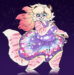 anthro blonde_hair blue_eyes cheek_tuft clothed clothing facial_tuft female front_view fur grin hair multicolored_hair overweight overweight_anthro overweight_female pink_body pink_fur pink_hair smile solo standing tuft two_tone_hair white_body white_fur tiggybloom marzipan_(tiggybloom) felid mammal pantherine tiger 2018 dated full-length_portrait hi_res portrait signature