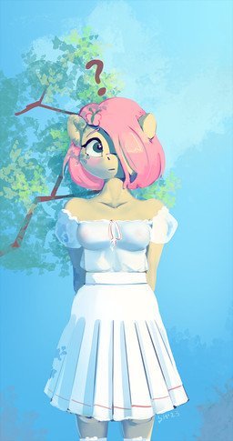 adolescent anthro anthrofied breasts butterfly_clip clothed clothing day detailed_background dress female footwear front_view green_eyes hair hair_over_eye hands_behind_back looking_at_viewer muted_colors outside pink_hair plant pose question_mark short_hair sky socks solo standing text tree young drafthoof friendship_is_magic hasbro my_little_pony fluttershy_(mlp) equid equine horse mammal pony 2023 dated digital_media_(artwork) digital_painting_(artwork) english_text hi_res painting_(artwork) portrait shaded signature soft_shading three-quarter_portrait