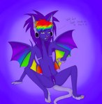 andromorph anthro back_wings bodily_fluids dripping genital_fluids genitals hair intersex mastectomy_scar membrane_(anatomy) membranous_wings multicolored_eyes multicolored_hair multicolored_membrane plantigrade purple_background purple_body pussy pussy_juice_drip rainbow_claws rainbow_eyes rainbow_hair rainbow_wings scar simple_background sitting sparklefur tail vaginal_fluids visibly_trans wings rainbowmonstrrx3 absurd_res hi_res