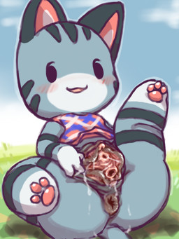 anthro anus blush blush_lines bodily_fluids dark_anus female genital_fluids genitals grotesque_genitals inner_labia long_inner_labia pawpads solo spread_vulva spreading urethra vaginal_fluids vulva diru animal_crossing nintendo lolly_(animal_crossing) domestic_cat felid feline felis mammal tabby_cat 3:4 hi_res