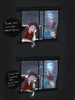 anthro before_and_after board claws clothed clothing dialogue drive-thru duo fast_food female food fur grey_body grey_fur hair hat headgear headwear inside kitchen male offscreen_character open_mouth outside red_hair restaurant screaming speech_bubble text transformation whiskers fox-fireborn american_opossum human mammal marsupial virginia_opossum english_text hi_res