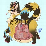 after_vore ambiguous_gender belly big_belly black_stripes blue_eyes bodily_fluids duo feral feral_pred feral_prey fur heart_symbol inside_stomach internal pink_body pink_fur recursive_vore saliva stripes vore white_body white_fur willing_prey yellow_body yellow_fur yellow_stripes valerian_devis domestic_cat felid feline felis mammal 2025 hi_res