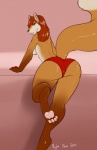 anthro big_butt biped black_nose breasts brown_body brown_eyes brown_fur brown_hair butt clothed clothing feet female fur hair hindpaw looking_at_viewer looking_back panties pawpads paws short_hair side_boob smile solo standing tail thick_thighs topless underwear white_body white_fur nightfaux jen_(resua) canid canine fox mammal 2013 digital_media_(artwork)