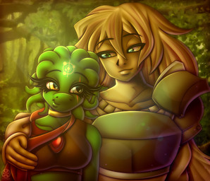 amputee anthro arm_around_shoulders armor blonde_hair blue_eyes breasts cape choker clothed clothing disability duo eye_contact eyelashes female forest green_body green_skin grey_eyes hair heterochromia jewelry long_hair looking_at_another male necklace plant pseudo_hair romantic romantic_couple scar smile symbol tree white_body white_skin yellow_eyes vrabo terraria arnemy_(readmeifyoudare) seraph_(readmeifyoudare) human lihzahrd mammal 2021 absurd_res hi_res
