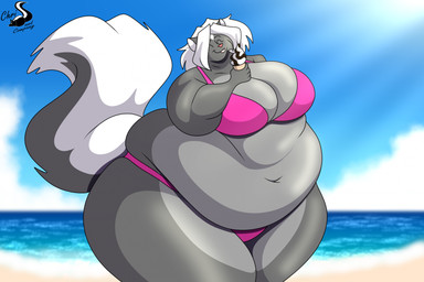 anthro beach bikini breasts clothing cloud dessert eyes_closed female food ice_cream obese overweight sky solo swimwear tongue tongue_out two-piece_swimsuit chrisandcompany kelsey_sienna mammal mephitid skunk hi_res