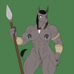 abs anthro armband armor biceps big_breasts black_hair blue_eyes body_hair breasts ear_piercing female genitals green_background hair happy_trail holding_object holding_weapon jewelry melee_weapon muscular muscular_anthro muscular_female necklace nipple_piercing nipples nude piercing polearm pubes pussy simple_background solo spear tail tail_tuft tribal tuft vambrace warrior weapon dalus nthanda mammal rhinoceros 1:1 2012