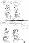 anthro bernielover beverage canid canine canis clothed clothing comic disney duo english_text eyewear food fox fur hi_res male mammal monochrome nick_wilde officer_fangmeyer red_fox simple_background smile speech_bubble sunglasses text true_fox white_background wolf zootopia