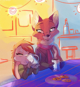 anthro cheek_tuft clothed clothing container cookie cup drinking duo eyes_closed facial_tuft female food fur head_tuft holding_container holding_cup holding_object inner_ear_fluff light lights male scarf steam tuft ribbontini canid canine fox lagomorph leporid mammal rabbit 2020 absurd_res hi_res lighting signature