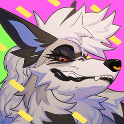 anthro black_lips black_sclera brown_body brown_fur dewlap_(anatomy) eyelashes facial_piercing fangs female female_anthro fur green_background grey_body grey_fur hair jowls lips looking_at_viewer nose_piercing nose_ring piercing pink_background red_eyes ring_piercing simple_background snarling solo teeth thick_bottom_lip white_hair wolfwireless canid canine canis coyote mammal 1:1 bust_portrait hi_res icon portrait