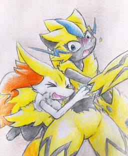 >o< ambiguous_anthro ambiguous_gender anthro biped blush cute_fangs digitigrade duo fangs featureless_crotch front_view hug hugging_another hugging_from_behind jumping open_:3 open_mouth open_smile simple_background smile snout standing teeth tongue eiroru nintendo pokemon braixen canid generation_6_pokemon generation_7_pokemon legendary_pokemon mammal pokemon_(species) zeraora 2019 colored_pencil_(artwork) colored_sketch graphite_(artwork) hi_res japanese_description sketch traditional_media_(artwork) translated_description