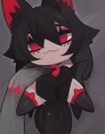 animal_ear_fluff animal_ears anthro armwear black_clothing black_dress black_hair black_sclera bodily_fluids clothing dress elbow_gloves female gloves grey_background hair handwear looking_at_viewer mouth_closed red_eyes simple_background smile solo tail wolf_ears nivilover dark_theme hi_res