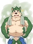 anthro balls belly big_belly black_nose blush bodily_fluids duo flaccid genitals green_body kemono male micropenis moobs navel nipples overweight overweight_male penis simple_background small_penis solo_focus steam surprise sweat towel towel_around_neck yaki_atsuage lifewonders live_a_hero mokdai canid canine canis domestic_dog mammal 2023 absurd_res censored hi_res