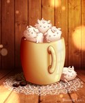 ambiguous_gender bean cheek_tuft coffee_bean container cup empty_eyes facial_tuft fur group head_tuft lying mug on_front simple_eyes smile tuft white_body white_fur bloominglynx 2018 hi_res