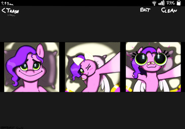 big_eyes black_eyebrows blush blush_lines bodily_fluids eyebrows eyelashes feathered_wings feathers female female_feral feral fur green_eyes head_on_pillow heart_symbol hooves huge_eyes light lying mane medium_mane number on_back one_eye_closed pillow pink_body pink_fur princess purple_blanket purple_mane purple_pillow royalty solo sweat sweatdrop taking_picture taking_selfie tan_bedding text time unguligrade wavy_mane white_wings wi-fi wings starburst_uwu hasbro mlp_g5 my_little_pony mythology pipp_petals_(mlp) equid equine mammal mythological_creature mythological_equine pegasus 2023 colored comic digital_drawing_(artwork) digital_media_(artwork) english_description english_text hi_res lighting multiple_scenes shaded