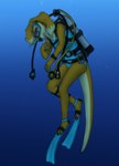 anthro asphyxiation breasts clothed clothing cyanosis diving_mask drowning female fur hair imminent_death mask one-piece_swimsuit open_mouth orange_body scuba scuba_gear scuba_tank simple_background snuff solo swimwear tail taking_in_water underwater water thehiddenmagpie nintendo pokemon scout_(thehiddenmagpie) buizel generation_4_pokemon mammal pokemon_(species) digital_media_(artwork)