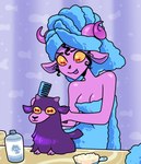 2022 blep bovid breasts brush caprine cleavage clothed clothing comb_(brush) demon discount-supervillain duo female goat hairbrush horizontal_pupils horn horned_humanoid humanoid mammal personal_grooming pupils social_grooming tongue tongue_out towel towel_on_head towel_only