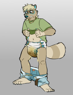 anthro bodily_fluids diaper feces full_diaper genital_fluids leaking_diaper male soiled_diaper soiling solo unclean_diaper urine used_diaper wet wet_diaper wetting possumkiddo mammal procyonid raccoon absurd_res hi_res