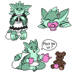 abdl anthro blush clothed clothing container cup dialogue diaper eyebrows eyes_closed face_closeup feathers front_view fur green_body green_eyebrows green_feathers green_fur happy maid_uniform male multiple_poses nude object_in_mouth open_mouth pacifier pacifier_in_mouth plushie pose simple_background sitting smile solo speech_bubble standing tail tea_cup teapot teddy_bear tongue uniform white_background winged_arms wings deargengar levi_(fatcat4t4) avali 2023