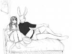 2019 american_opossum anthro bed black_and_white bro_bun_(hladilnik) bulge clothed clothing detailed_bulge duo eyewear furniture genital_outline glasses hair hair_over_eye hi_res hladilnik lagomorph leporid long_hair male mammal marsupial monochrome navel on_bed one_eye_obstructed penis_outline rabbit simple_background sketch white_background