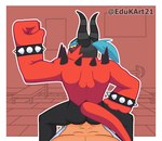 big_hands bracelet butt duo eyebrows fist gym hair horn horse_tail jewelry lying male male/male muscular on_back purple_eyes rear_view red_body sitting spiked_bracelet spikes stage villainous edukart21 sega sonic_the_hedgehog_(series) the_deadly_six zavok human humanoid mammal zeti absurd_res hi_res