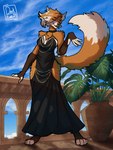 anthro big_tail black_clothing black_nose clothing covered_nipples facial_piercing female fur nose_piercing orange_body orange_fur piercing plant solo tail thick_thighs darkeve hollow_hip_backless_chain_dress meme_clothing aeris_(aeristhefox) canid canine fox mammal 3:4 absurd_res hi_res meme