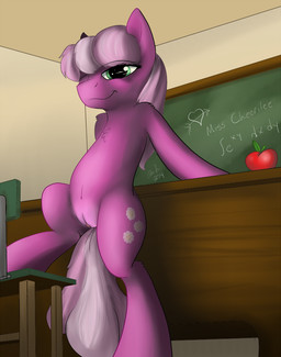 apple bedroom_eyes chair chalkboard classroom clitoris cutie_mark female feral food fruit fur furniture genitals green_eyes hair half-closed_eyes hooves information_board inside long_hair looking_at_viewer narrowed_eyes navel one_eye_closed pink_hair plant presenting purple_body purple_fur raised_leg school seductive smile solo unprofessional_behavior vulva wink adnarai friendship_is_magic hasbro my_little_pony cheerilee_(mlp) earth_pony equid equine horse mammal pony 2014